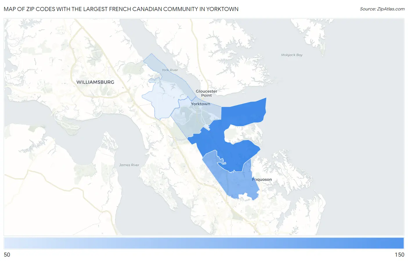 Zip Codes with the Largest French Canadian Community in Yorktown Map
