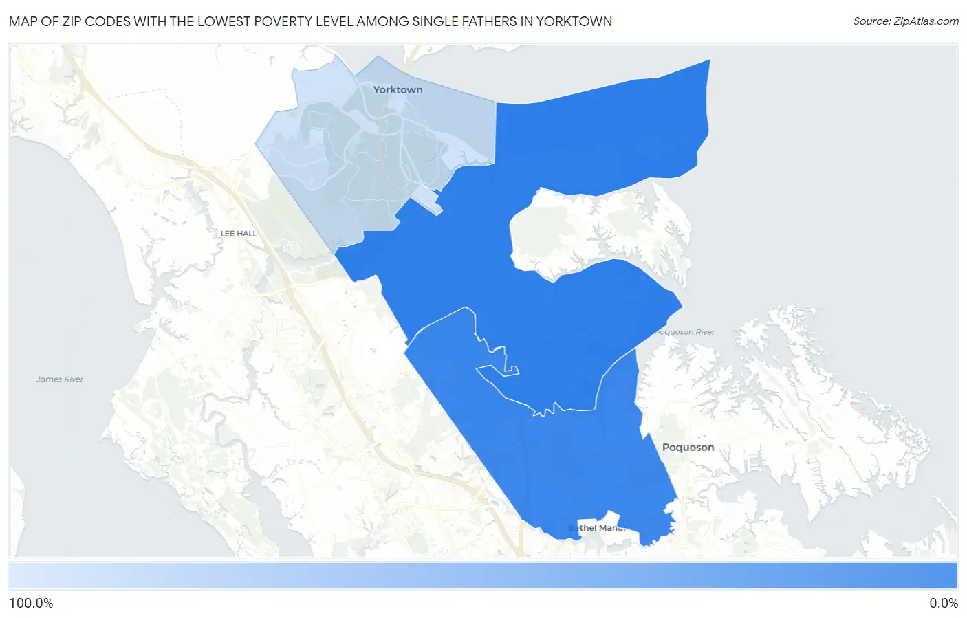 Zip Codes with the Lowest Poverty Level Among Single Fathers in Yorktown Map