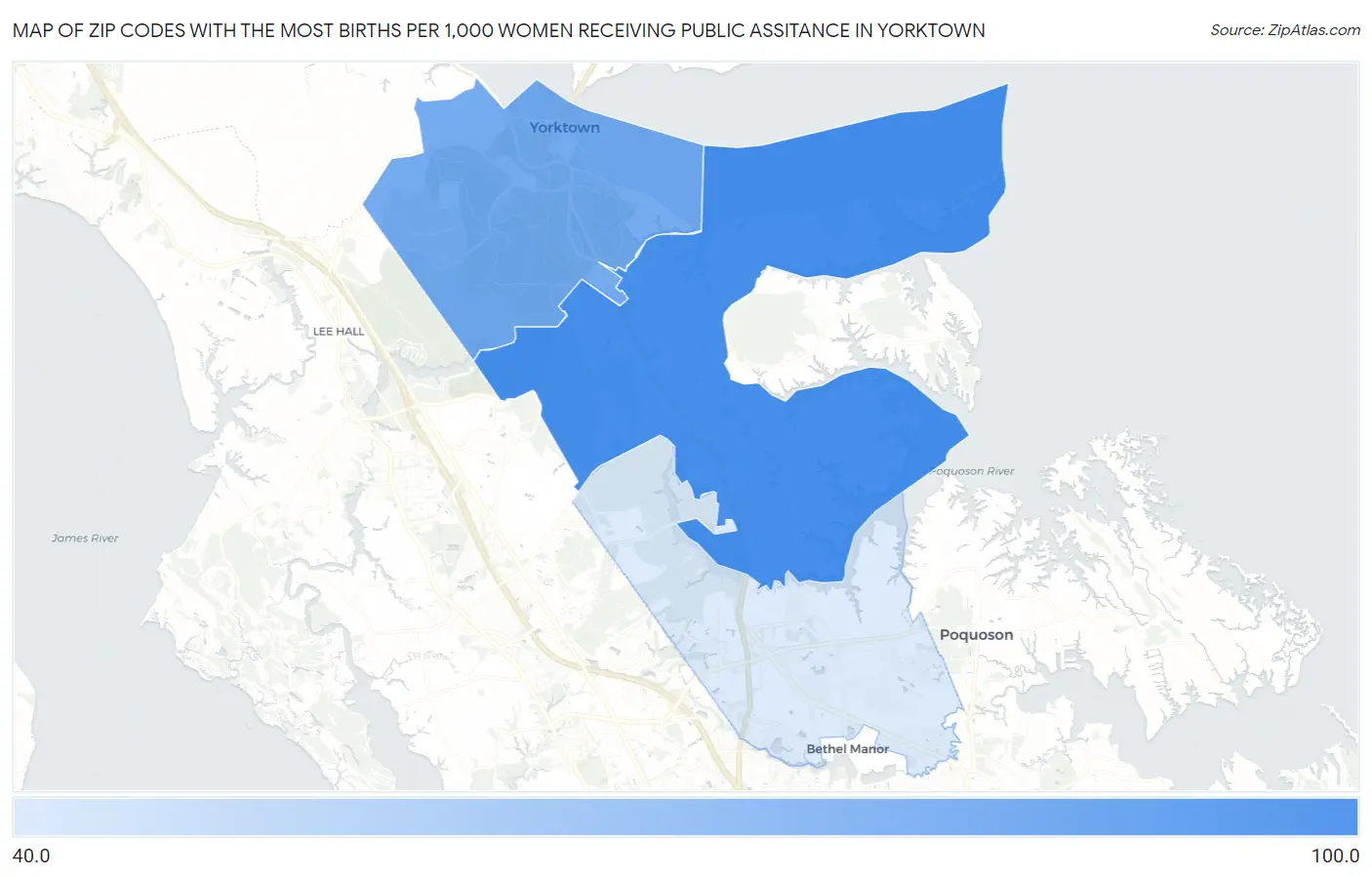 Zip Codes with the Most Births per 1,000 Women Receiving Public Assitance in Yorktown Map