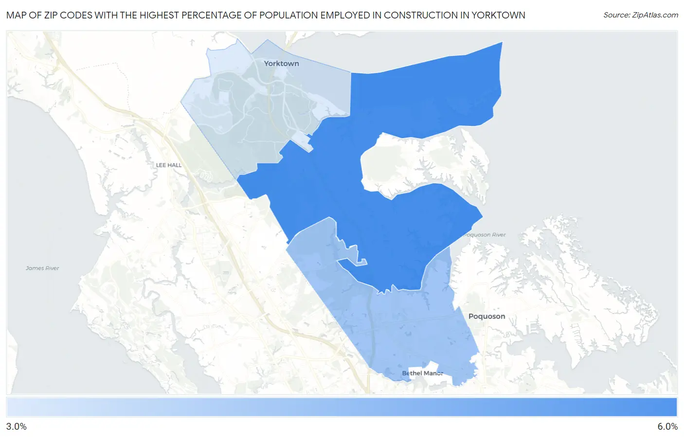 Zip Codes with the Highest Percentage of Population Employed in Construction in Yorktown Map