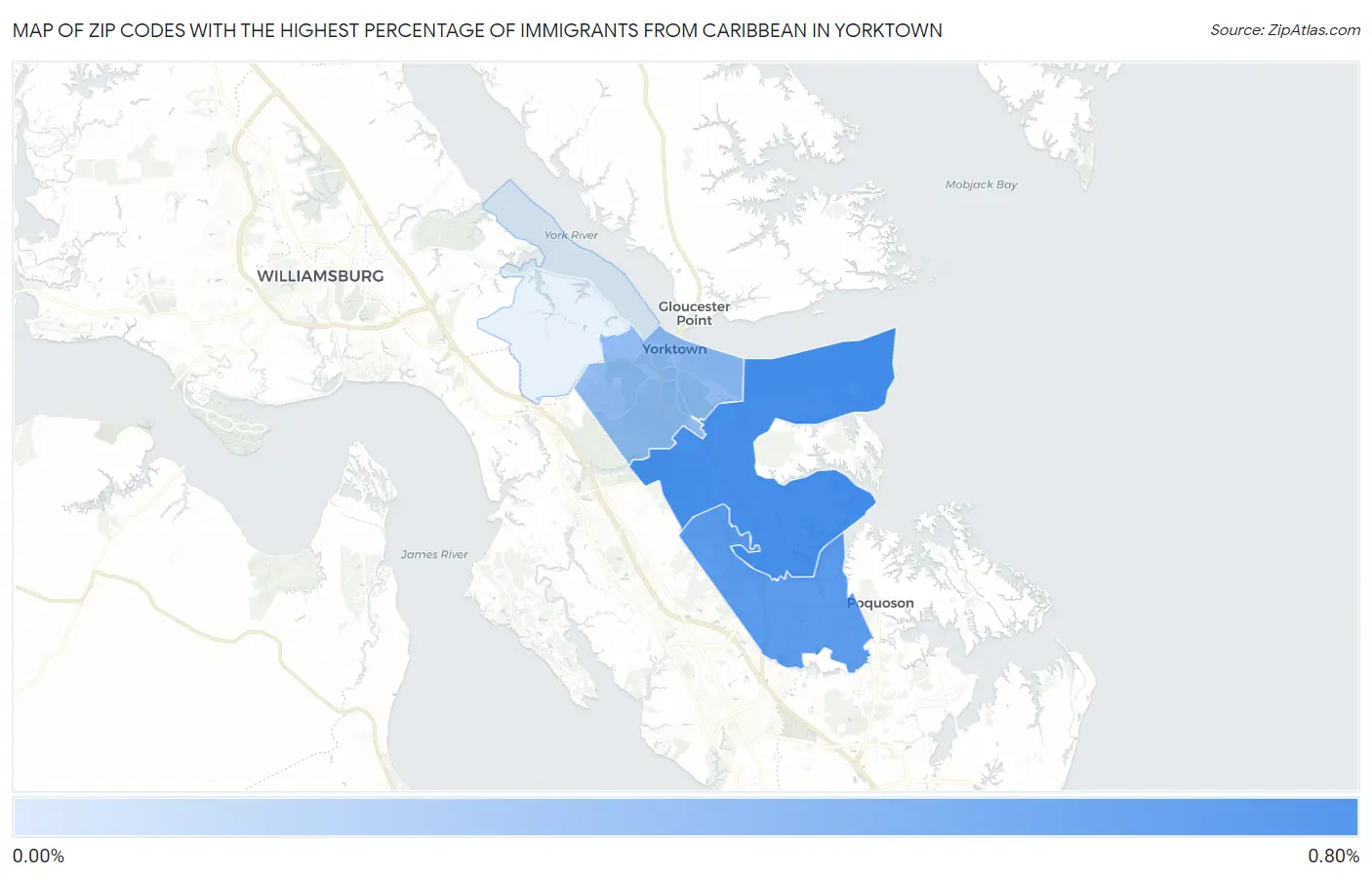 Zip Codes with the Highest Percentage of Immigrants from Caribbean in Yorktown Map