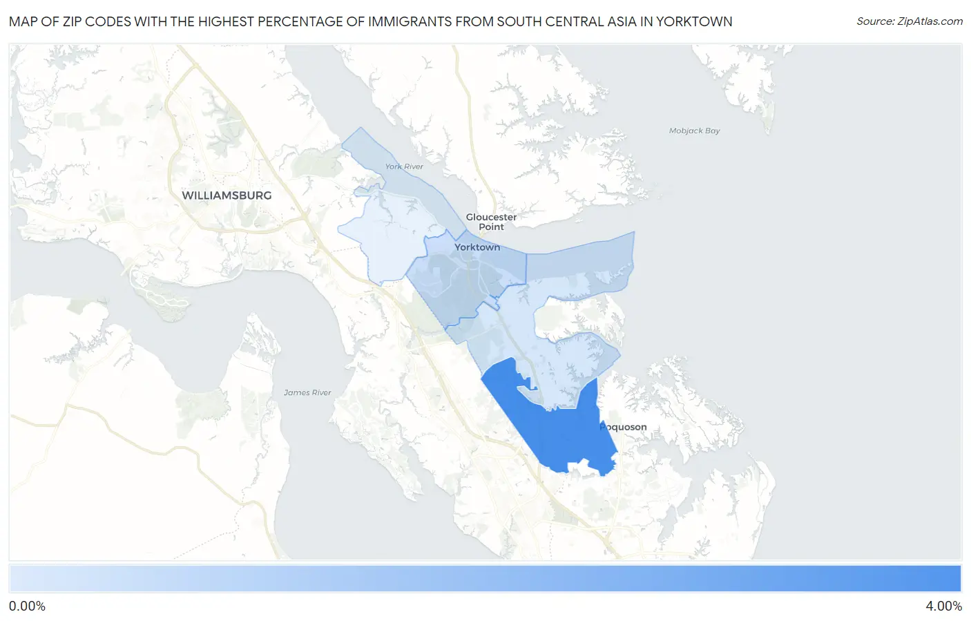 Zip Codes with the Highest Percentage of Immigrants from South Central Asia in Yorktown Map