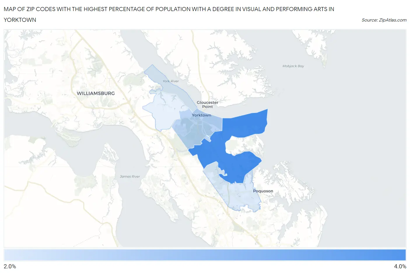 Zip Codes with the Highest Percentage of Population with a Degree in Visual and Performing Arts in Yorktown Map