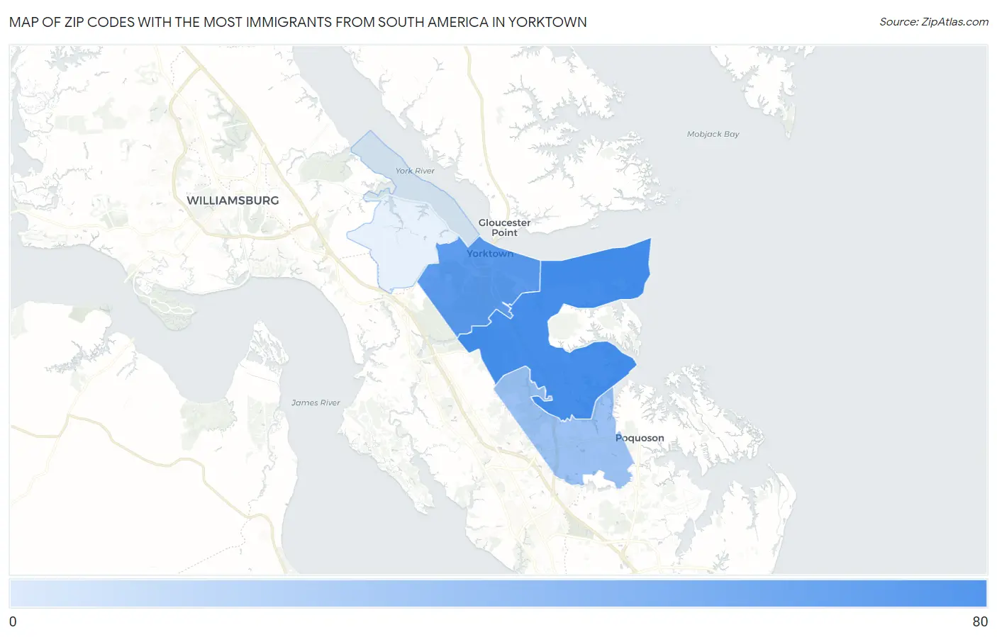 Zip Codes with the Most Immigrants from South America in Yorktown Map
