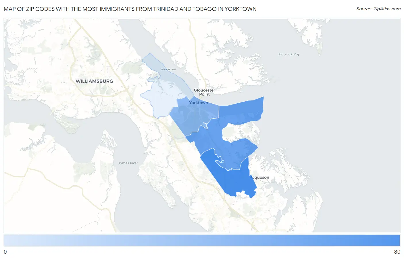 Zip Codes with the Most Immigrants from Trinidad and Tobago in Yorktown Map