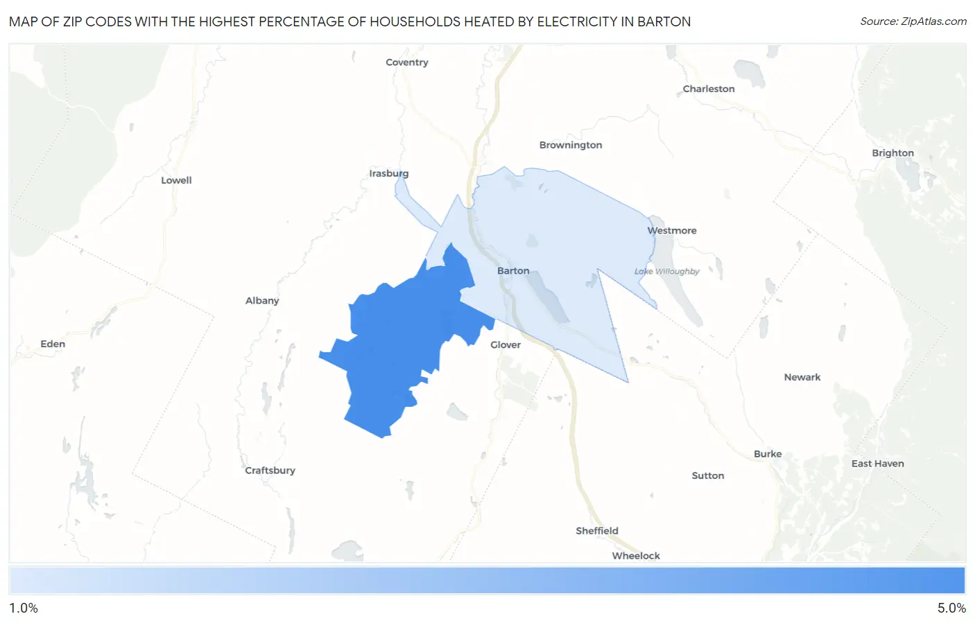 Zip Codes with the Highest Percentage of Households Heated by Electricity in Barton Map