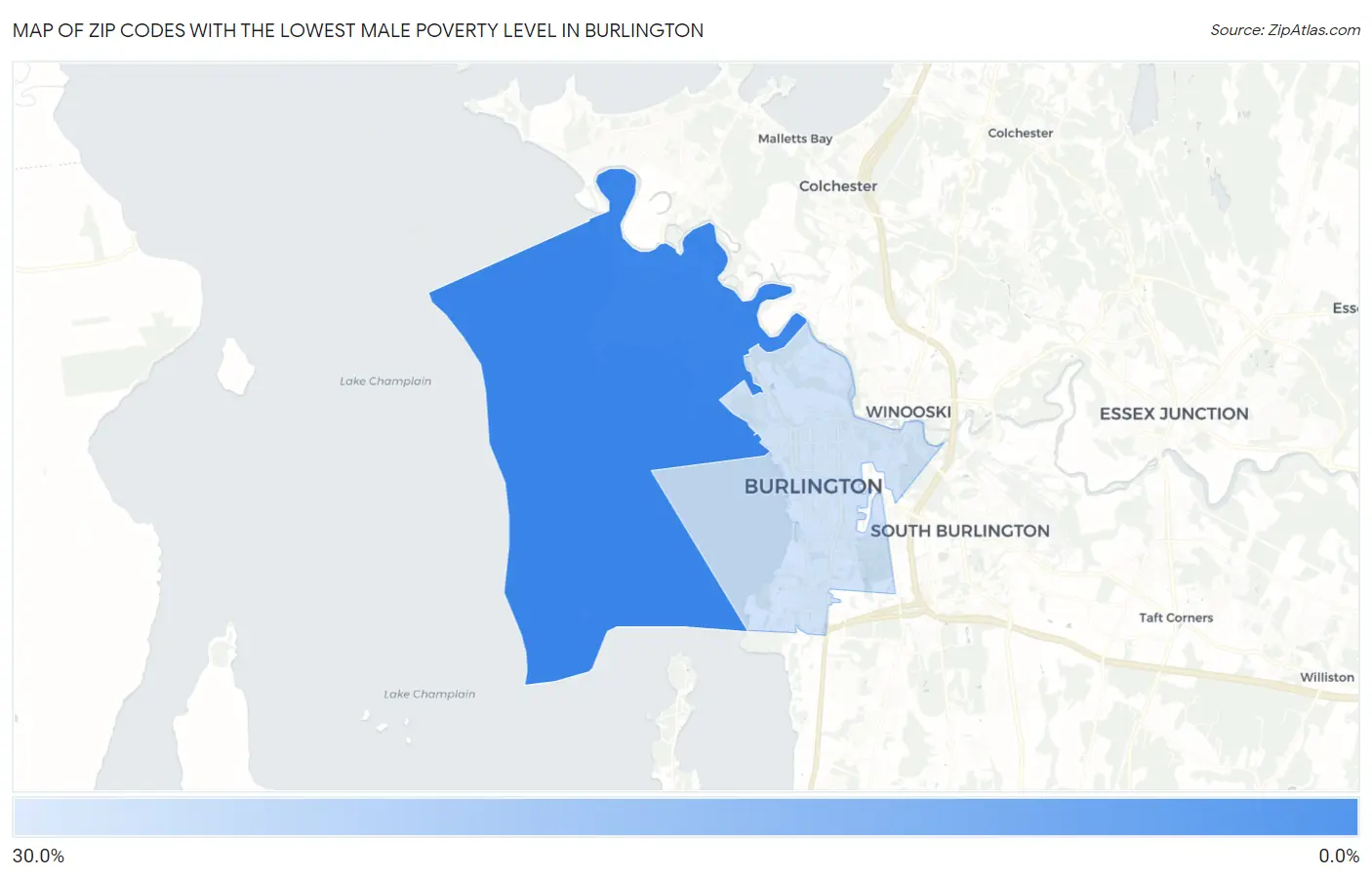 Zip Codes with the Lowest Male Poverty Level in Burlington Map