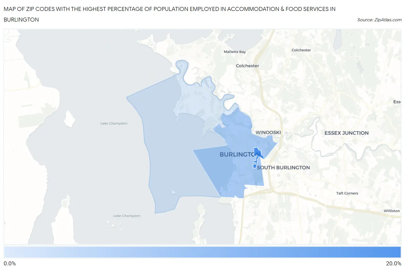 Zip Codes with the Highest Percentage of Population Employed in Accommodation & Food Services in Burlington Map