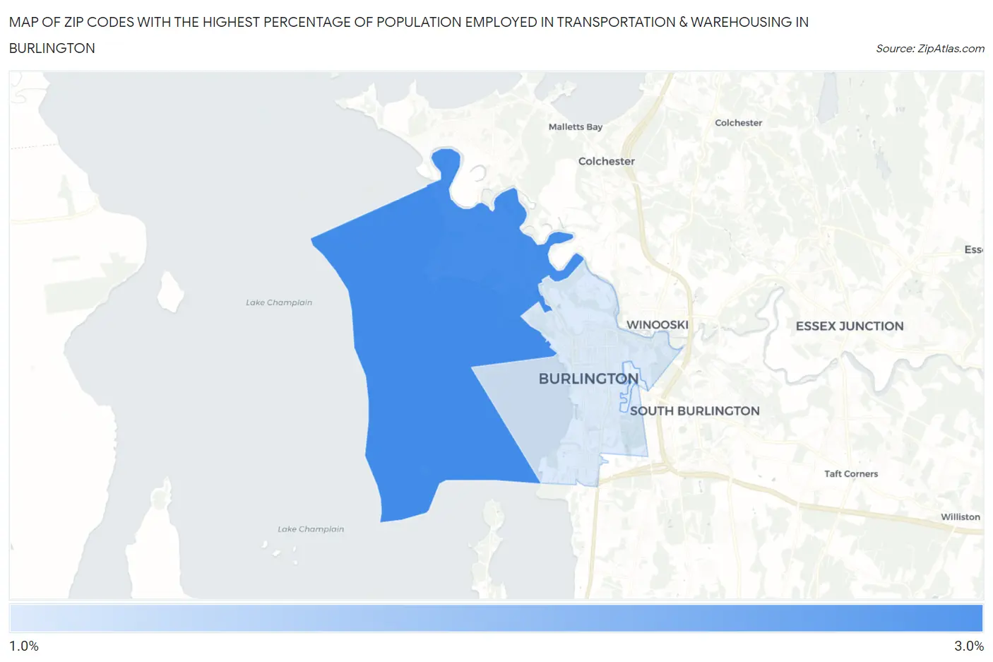Zip Codes with the Highest Percentage of Population Employed in Transportation & Warehousing in Burlington Map