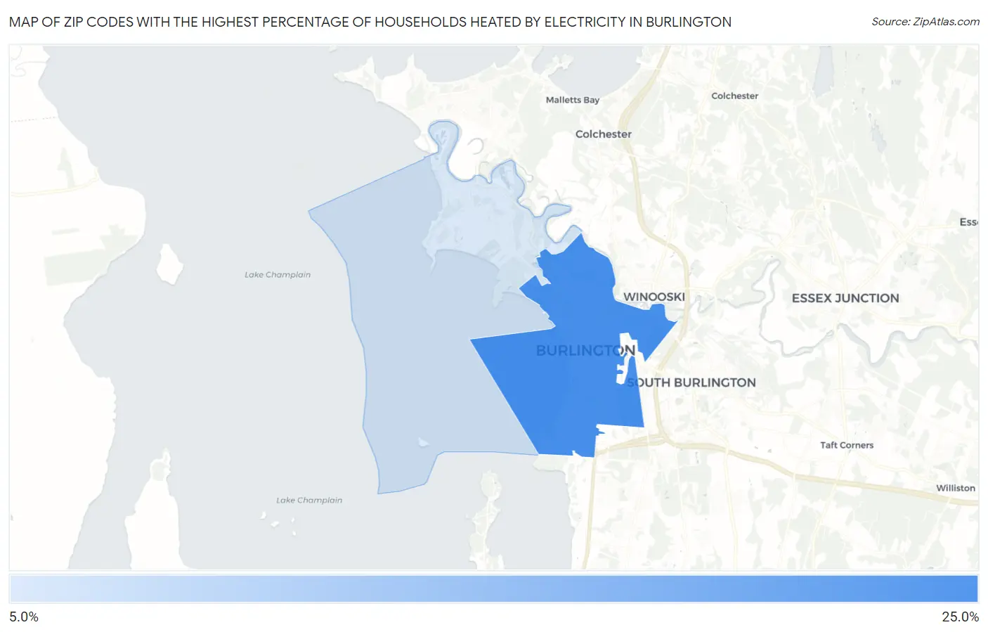 Zip Codes with the Highest Percentage of Households Heated by Electricity in Burlington Map