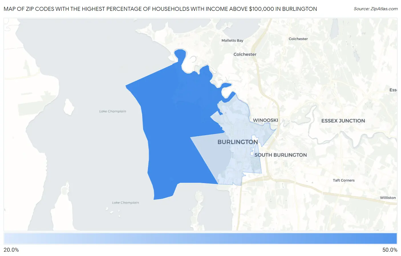 Zip Codes with the Highest Percentage of Households with Income Above $100,000 in Burlington Map