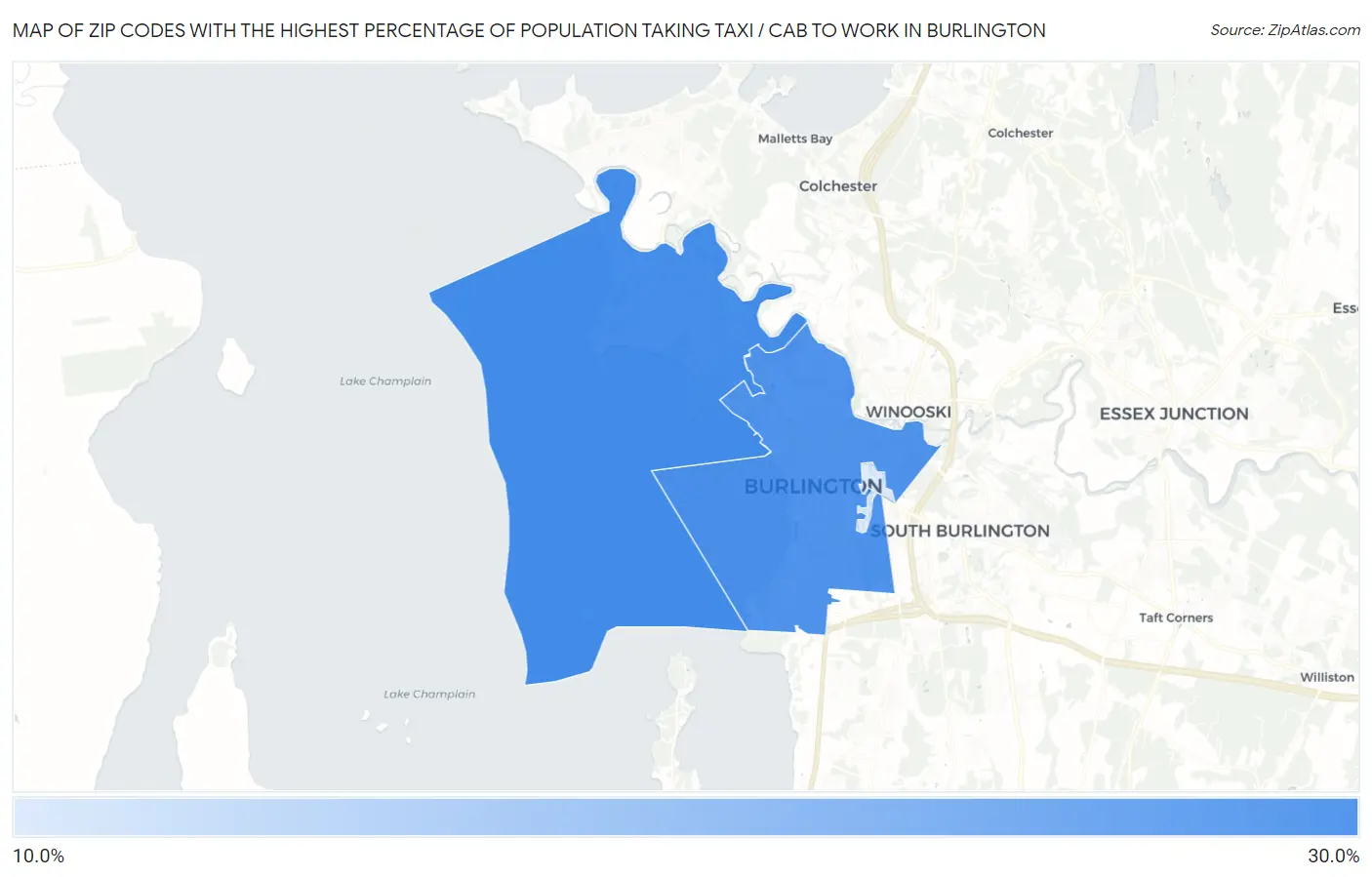 Zip Codes with the Highest Percentage of Population Taking Taxi / Cab to Work in Burlington Map