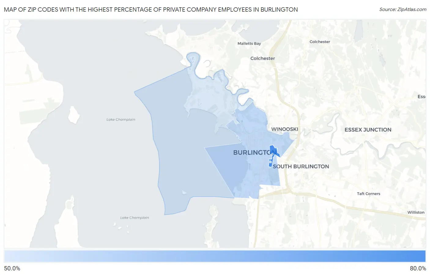 Zip Codes with the Highest Percentage of Private Company Employees in Burlington Map