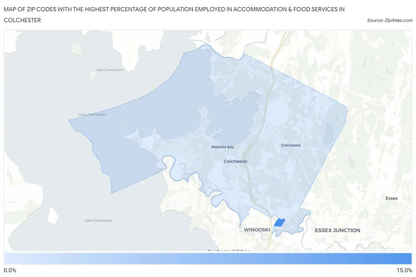 Zip Codes with the Highest Percentage of Population Employed in Accommodation & Food Services in Colchester Map