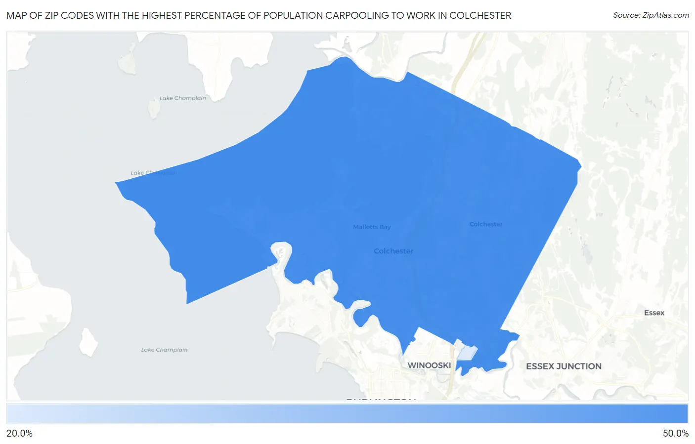 Zip Codes with the Highest Percentage of Population Carpooling to Work in Colchester Map