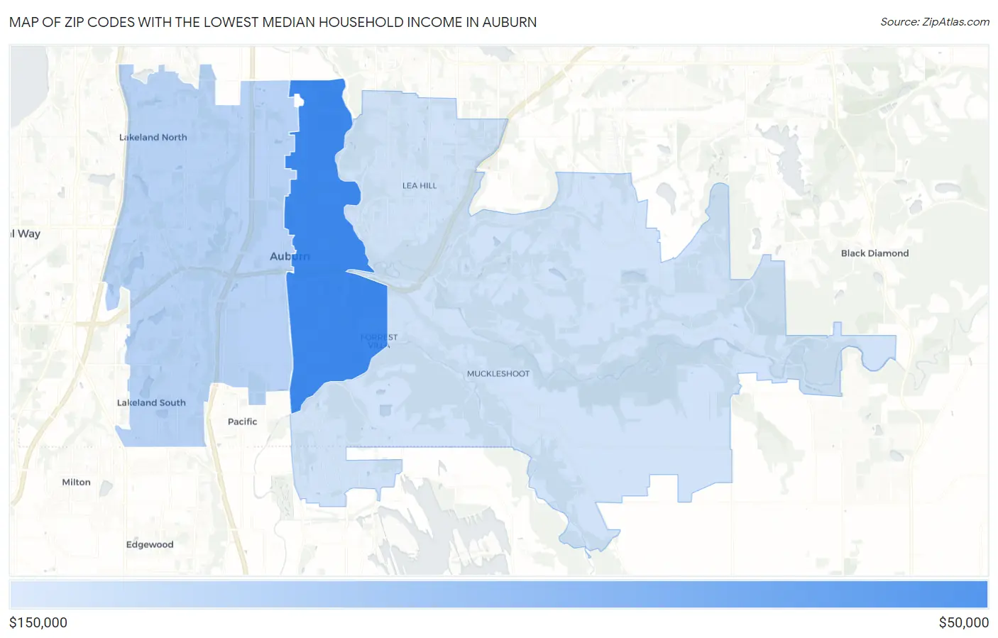 Zip Codes with the Lowest Median Household Income in Auburn Map