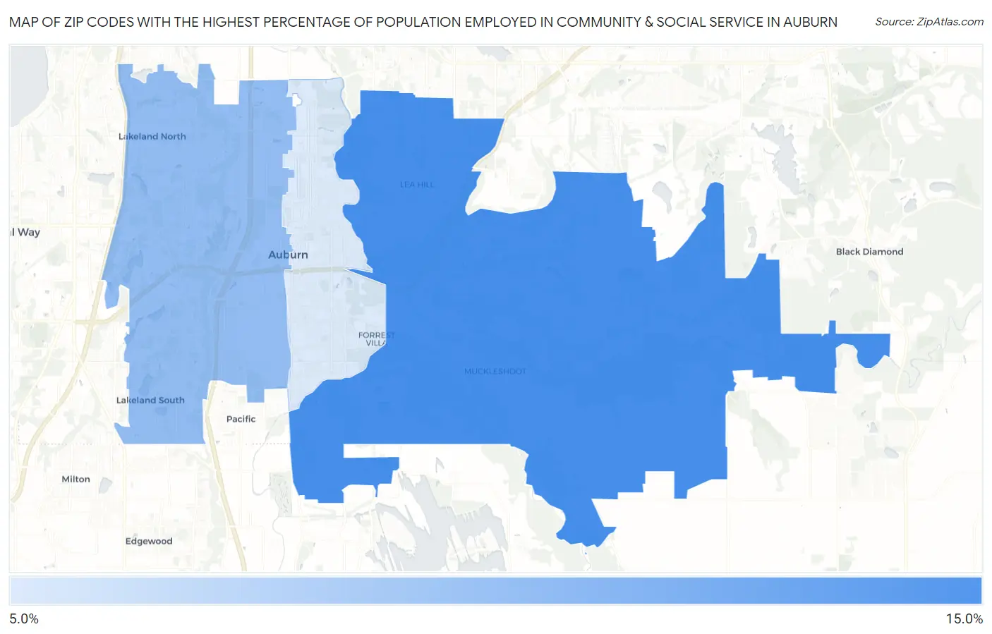 Zip Codes with the Highest Percentage of Population Employed in Community & Social Service  in Auburn Map