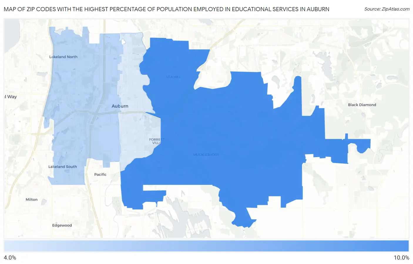 Zip Codes with the Highest Percentage of Population Employed in Educational Services in Auburn Map