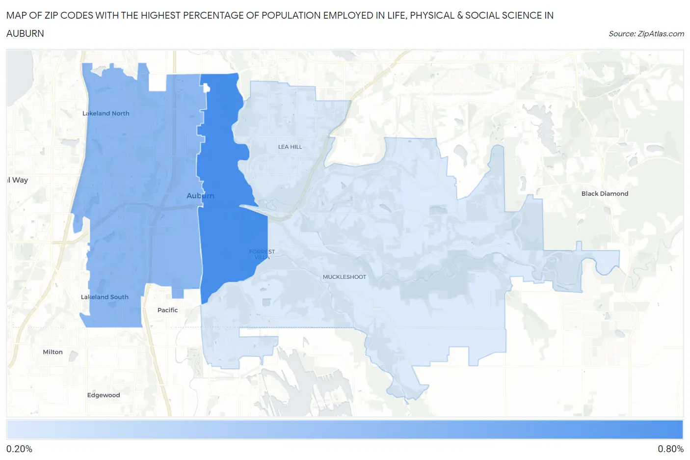 Zip Codes with the Highest Percentage of Population Employed in Life, Physical & Social Science in Auburn Map