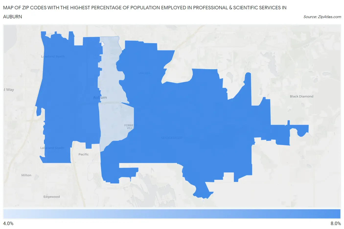 Zip Codes with the Highest Percentage of Population Employed in Professional & Scientific Services in Auburn Map