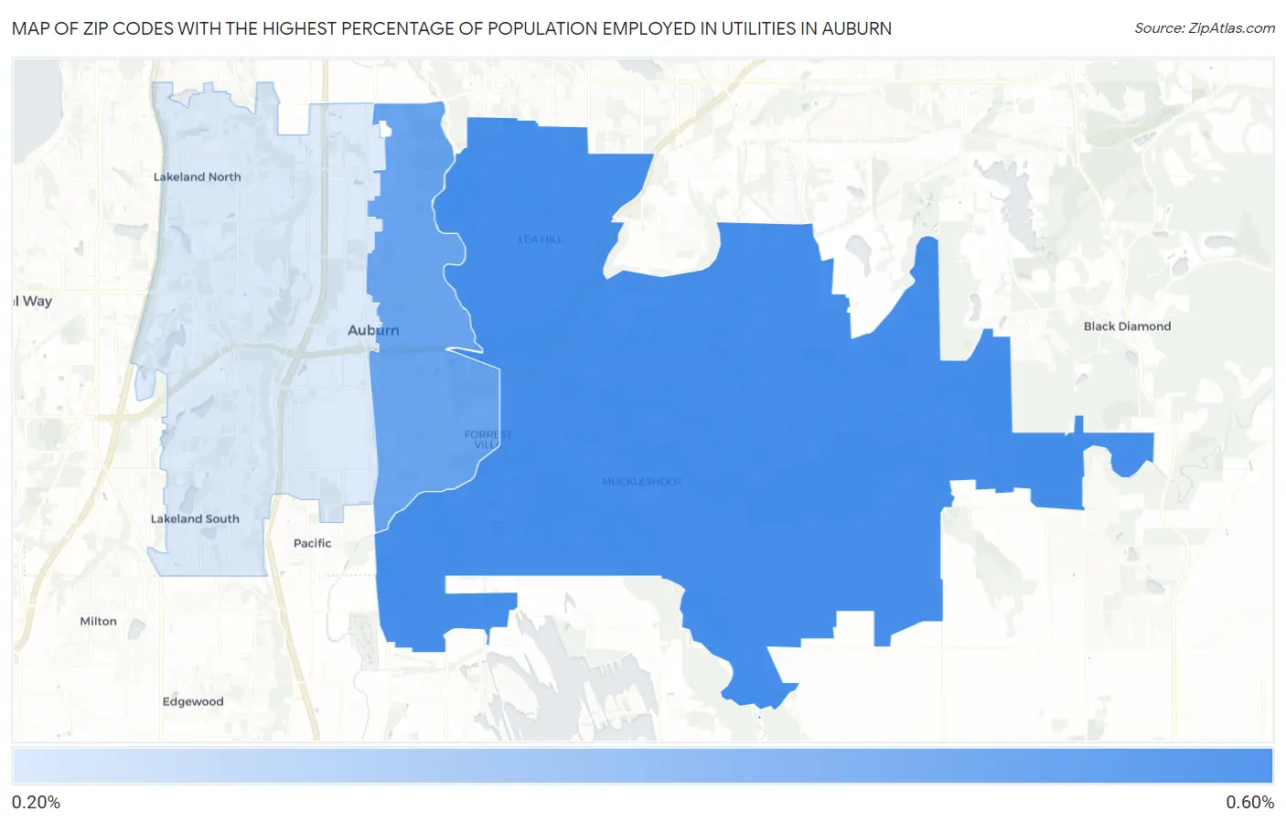 Zip Codes with the Highest Percentage of Population Employed in Utilities in Auburn Map