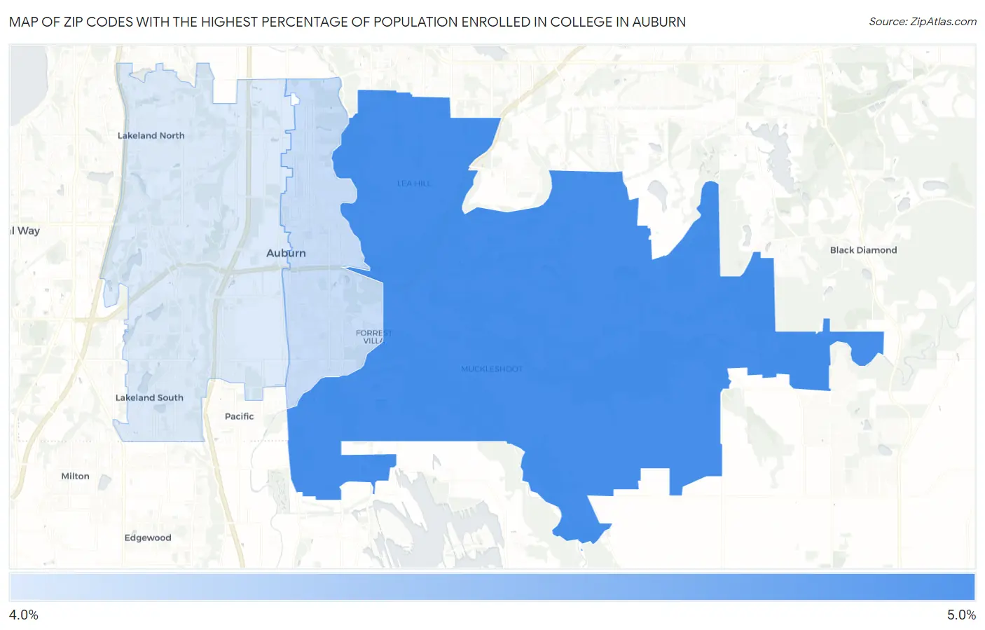 Zip Codes with the Highest Percentage of Population Enrolled in College in Auburn Map