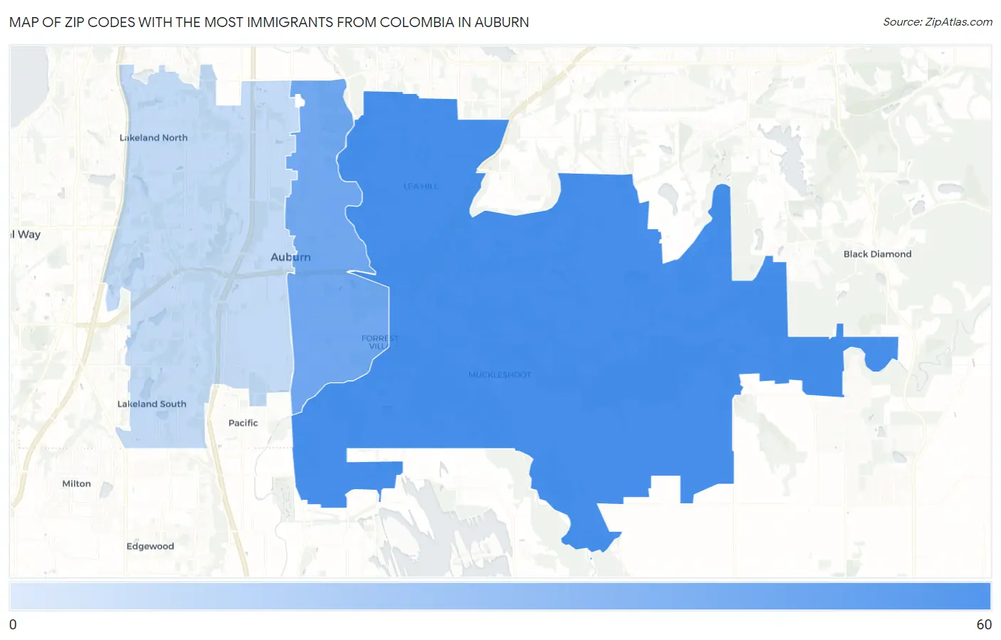 Zip Codes with the Most Immigrants from Colombia in Auburn Map