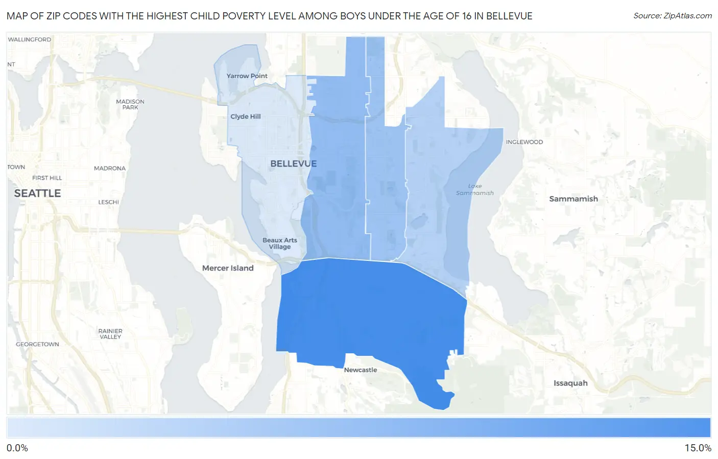 Zip Codes with the Highest Child Poverty Level Among Boys Under the Age of 16 in Bellevue Map
