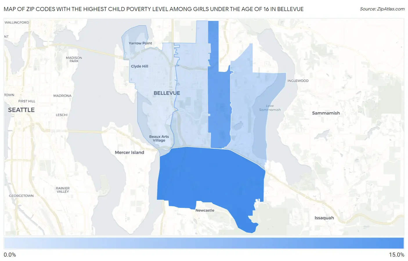 Zip Codes with the Highest Child Poverty Level Among Girls Under the Age of 16 in Bellevue Map