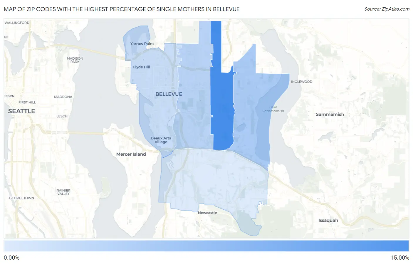 Zip Codes with the Highest Percentage of Single Mothers in Bellevue Map