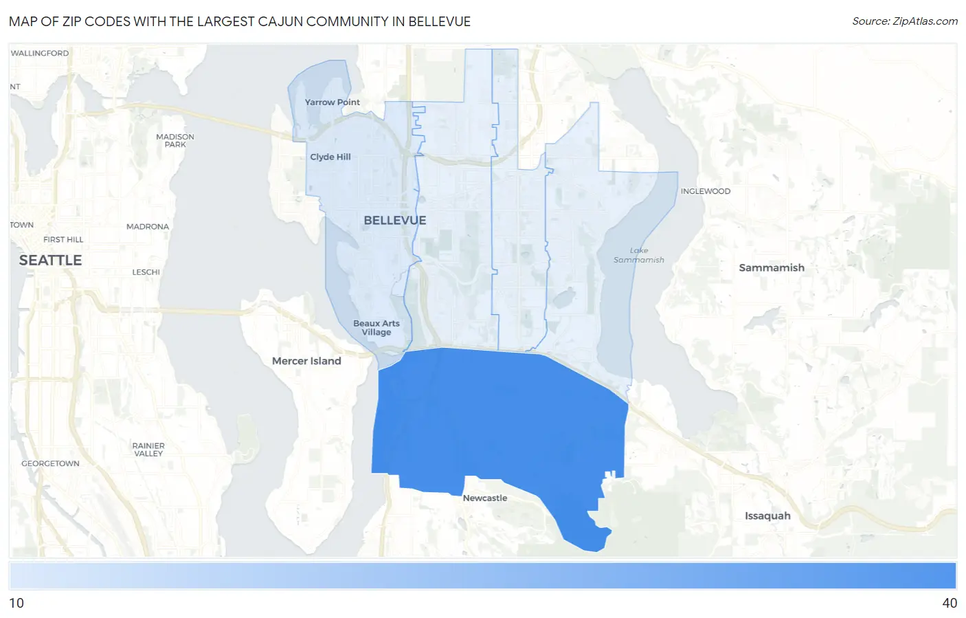 Zip Codes with the Largest Cajun Community in Bellevue Map