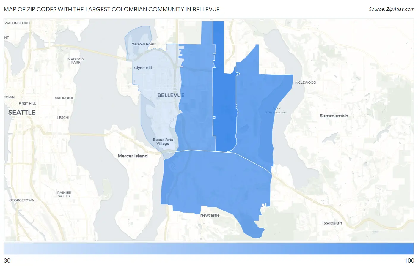 Zip Codes with the Largest Colombian Community in Bellevue Map