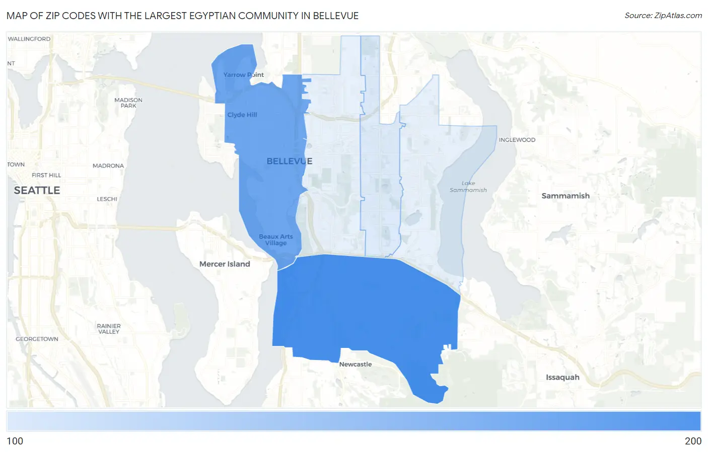 Zip Codes with the Largest Egyptian Community in Bellevue Map