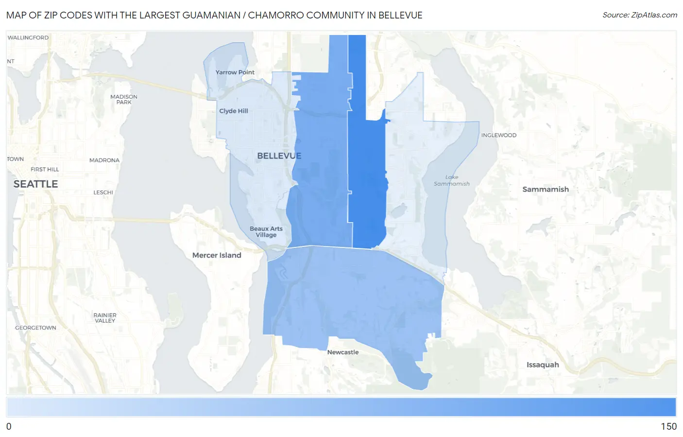 Zip Codes with the Largest Guamanian / Chamorro Community in Bellevue Map