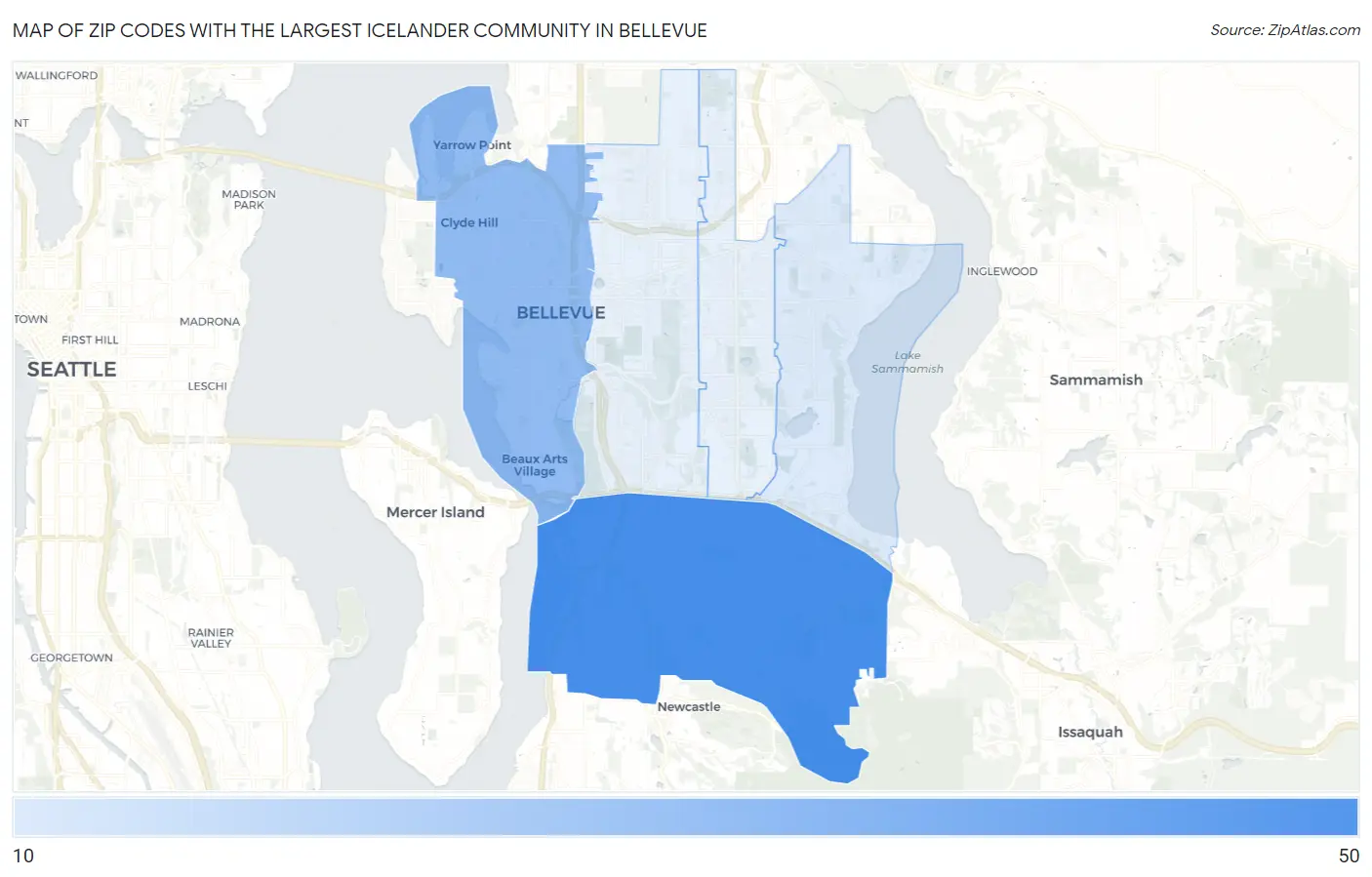 Zip Codes with the Largest Icelander Community in Bellevue Map