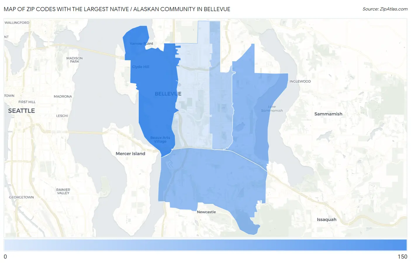 Zip Codes with the Largest Native / Alaskan Community in Bellevue Map
