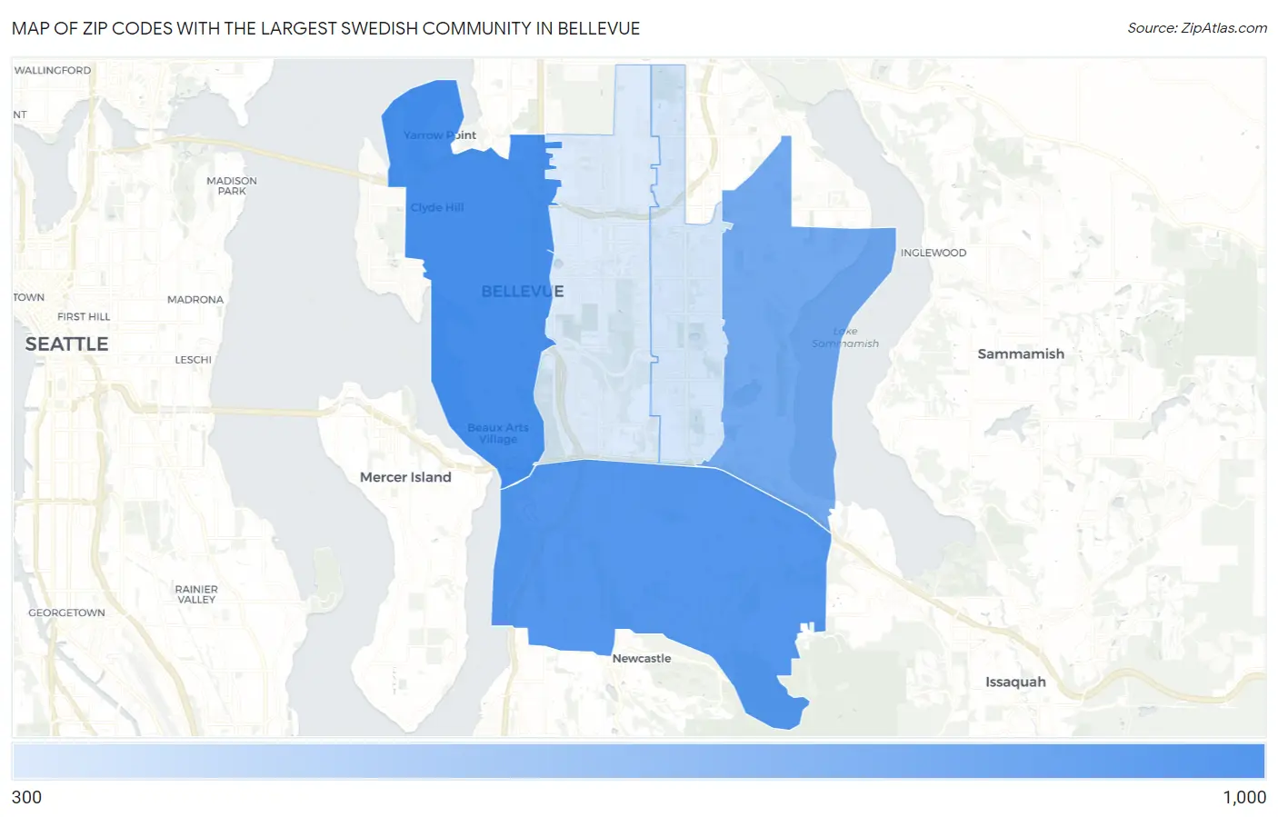 Zip Codes with the Largest Swedish Community in Bellevue Map
