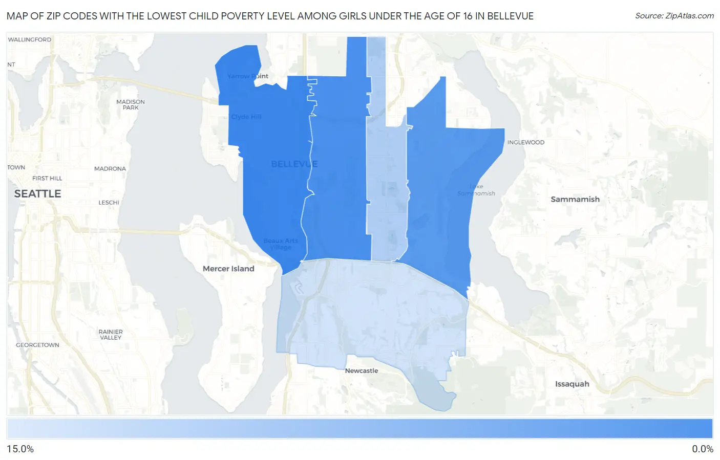 Zip Codes with the Lowest Child Poverty Level Among Girls Under the Age of 16 in Bellevue Map