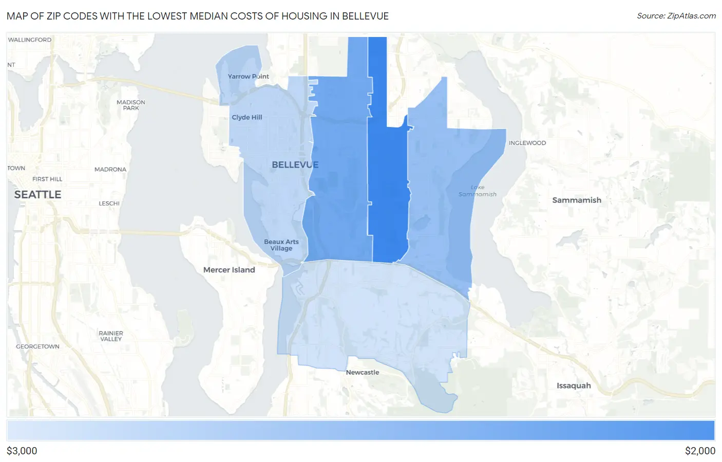 Zip Codes with the Lowest Median Costs of Housing in Bellevue Map