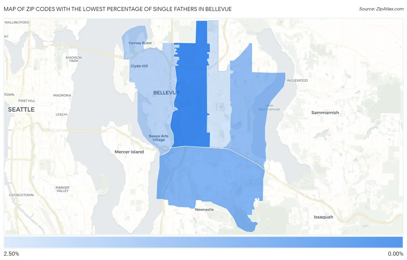 Zip Codes with the Lowest Percentage of Single Fathers in Bellevue Map