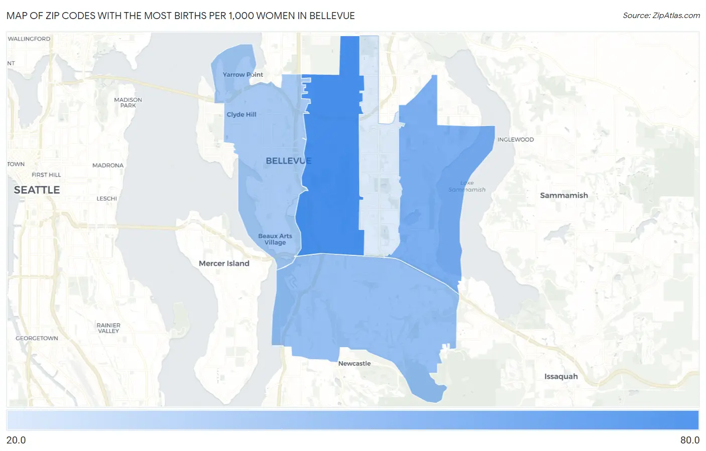 Zip Codes with the Most Births per 1,000 Women in Bellevue Map