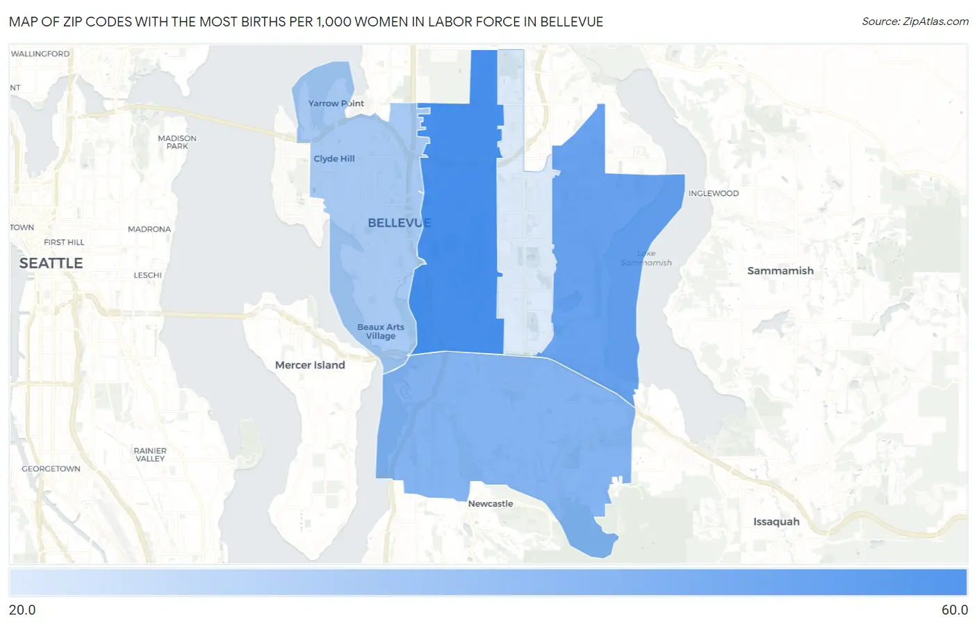 Zip Codes with the Most Births per 1,000 Women in Labor Force in Bellevue Map