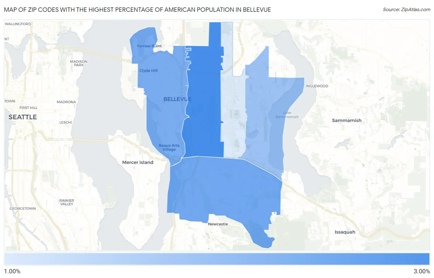 Zip Codes with the Highest Percentage of American Population in Bellevue Map