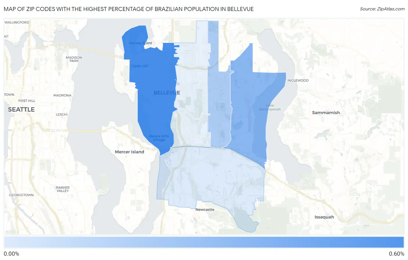 Zip Codes with the Highest Percentage of Brazilian Population in Bellevue Map