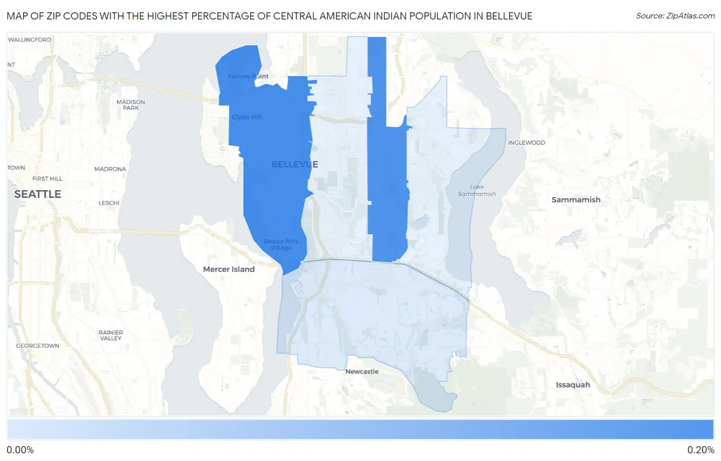 Zip Codes with the Highest Percentage of Central American Indian Population in Bellevue Map