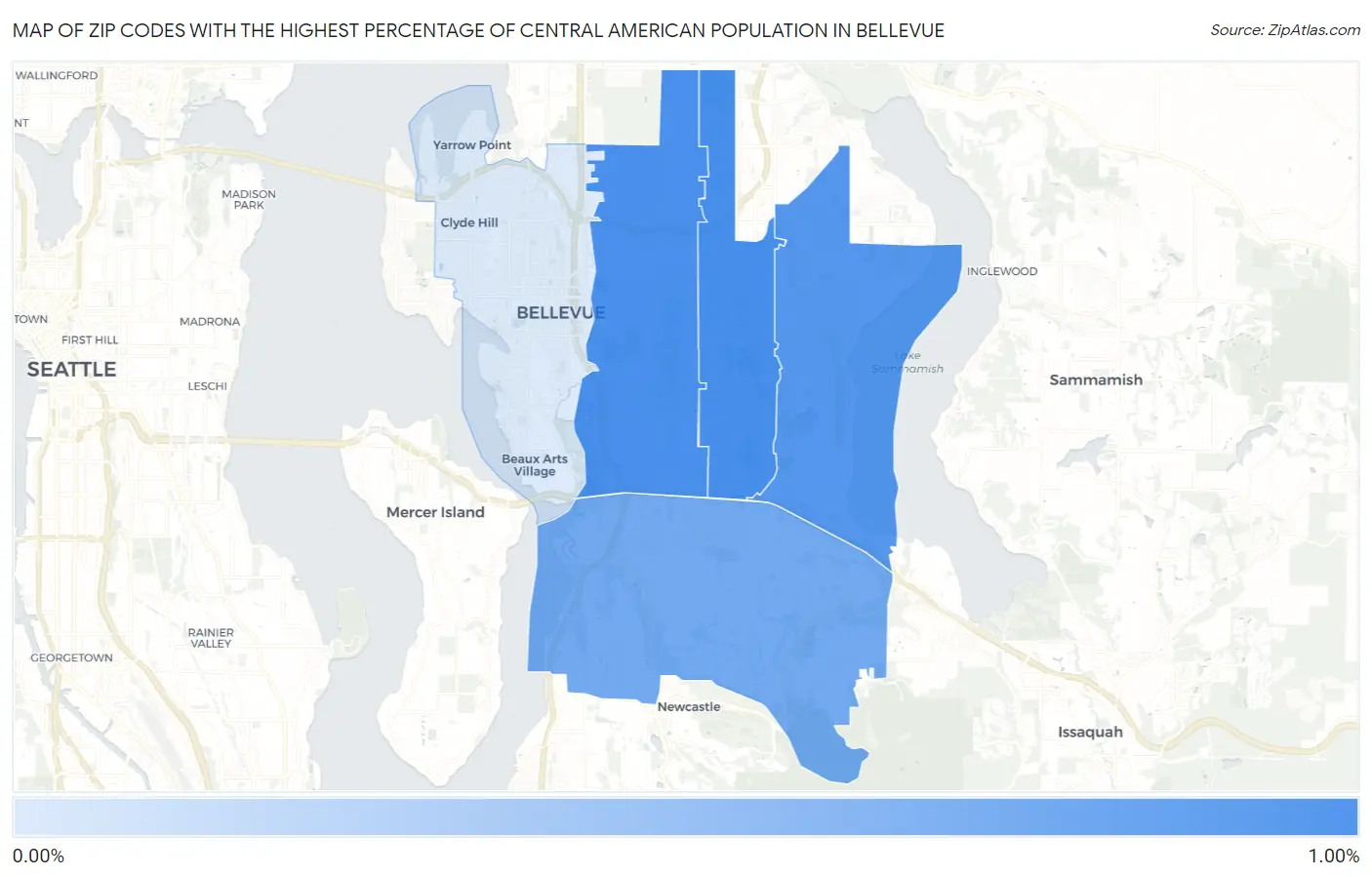Zip Codes with the Highest Percentage of Central American Population in Bellevue Map