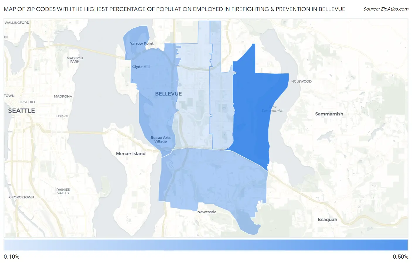 Zip Codes with the Highest Percentage of Population Employed in Firefighting & Prevention in Bellevue Map