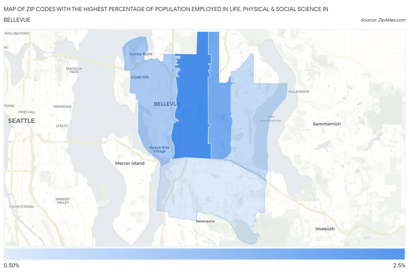 Zip Codes with the Highest Percentage of Population Employed in Life, Physical & Social Science in Bellevue Map