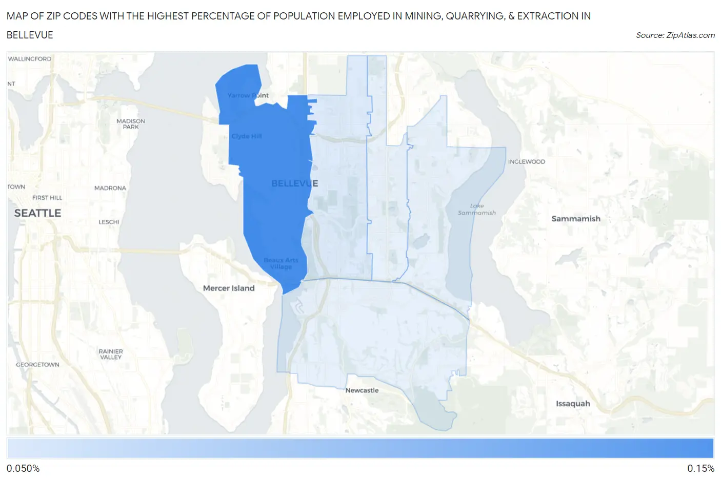 Zip Codes with the Highest Percentage of Population Employed in Mining, Quarrying, & Extraction in Bellevue Map