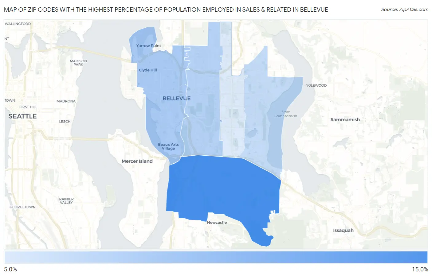 Zip Codes with the Highest Percentage of Population Employed in Sales & Related in Bellevue Map